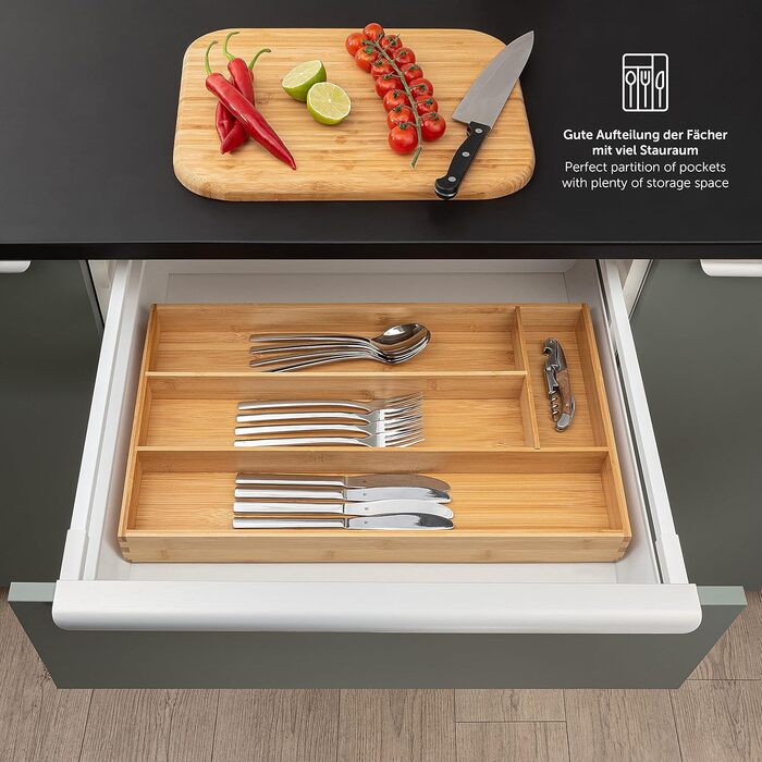 Бамбуковий лоток для столових приборів Blumtal - Регульована перегородка для шухляд для кухні - Органайзер для столових приборів з 7-9 відділеннями - Висувна шухляда для кухонних шухляд - Великий, гнучкий органайзер для столових приборів - 7-9 відділень (