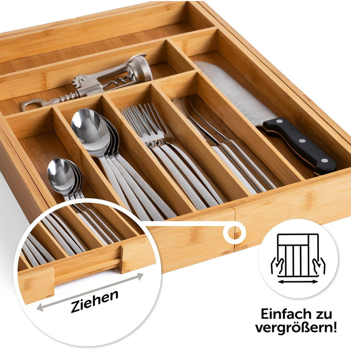 Бамбуковий лоток для столових приборів Blumtal - Регульований роздільник для шухляд для кухні - Органайзер для столових приборів з 7-9 відділеннями - Висувна шухляда для кухонних шухляд - Великий, гнучкий органайзер для столових приборів - 7-9 відділень