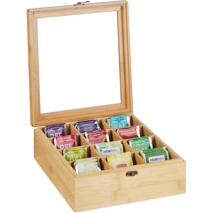 Чайна коробка Relaxdays, 12 відділень, бамбук, ВxШxГ 9,5 x 26,5 x 28,5 см, для чаю та кави в капсулах, контейнер для чаю з кришкою, натуральний колір