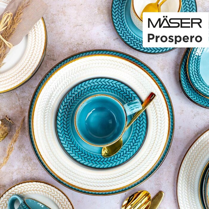 Серія Prospero, преміум-клас для 4 осіб у гастрономічній якості, сучасний набір тарілок із 8 предметів в унікальному вінтажному стилі, блакитний, міцний фарфор (бірюза, кавовий сервіз)