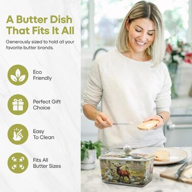 Маслянка з кришкою, китайська кераміка, з гарними акварельними мотивами, дизайн якої розроблено галереєю Дженніфер Роуз для Busy Bees (біла з ілюстрацією оленя натурального кольору)