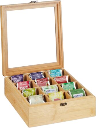 Чайна коробка Relaxdays, 12 відділень, бамбук, ВxШxГ 9,5 x 26,5 x 28,5 см, для чаю та кави в капсулах, контейнер для чаю з кришкою, натуральний колір