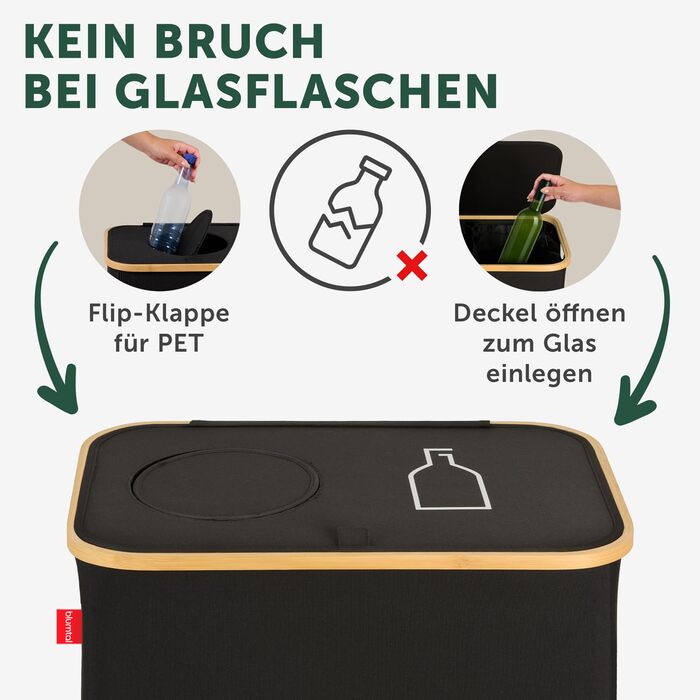Контейнер для збору пляшок Blumtal Deposit 150 л з 2 відділеннями - Бамбуковий органайзер для пляшок - Збірник порожніх пляшок - Збірник пляшок - Контейнер для збору порожніх пляшок з отвором - Збірник чорного кольору (Збірник пляшок - 150 л)