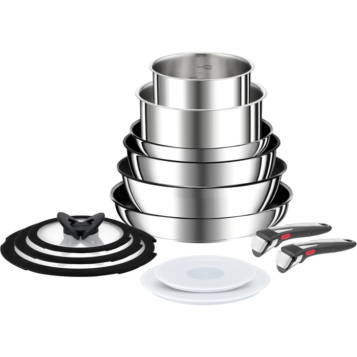 Набір посуду для індукційного приготування Tefal Ingenio Preference On з 15 предметів зі знімною ручкою, що штабелюється, економить місце, з антипригарним покриттям, простий у використанні та чищенні, набір посуду для індукційного приготування L97495 (наб
