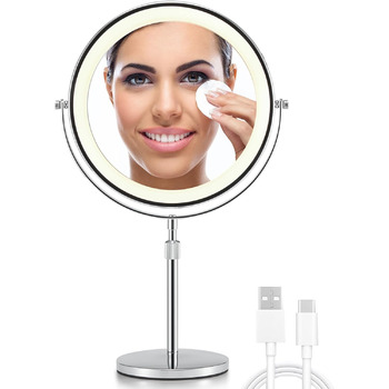 Зеркало косметическое 21,6 см настольное с подсветкой, серебристое Vialex