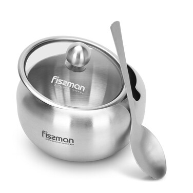 Цукорниця 350 мл Fissman зі скляною кришкою і ложкою нержавіюча сталь (5872)