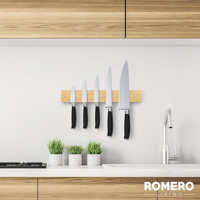 Ніж Romero Living з магнітною смужкою чорний 40см в т.ч. якісний скотч - самоклеючий тримач для ножів з - ножова планка магнітна для монтажу без свердління (Бамбук)