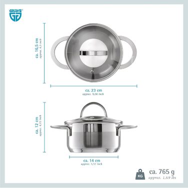Каструлі GRWE зі скляною кришкою, комплект з 2 шт., Ø 16 см (1,5 літра), Ø 24 см (5 літрів), можна мити в посудомийній машині, каструлі для індукції, нержавіюча сталь, набір каструль серії Pro-Line Ø 16 см Ø 24 см (Ø 14 см)