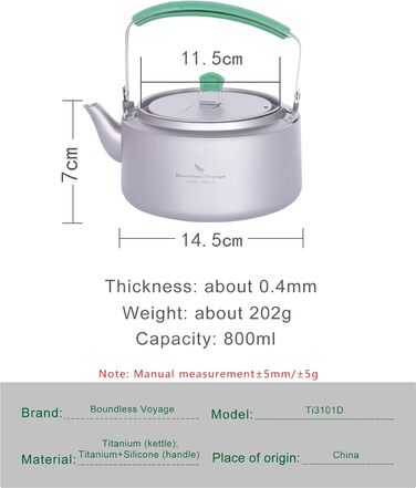 Титановий чайник для кемпінгу 800 мл Boundless Voyage