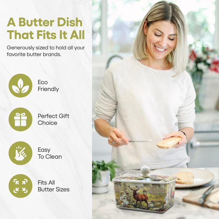 Маслянка з кришкою, китайська кераміка, з гарними акварельними мотивами, дизайн якої розроблено галереєю Дженніфер Роуз для Busy Bees (біла з ілюстрацією оленя натурального кольору)