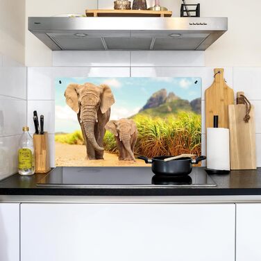 Фартух для плити, кухонний фартух, вініл, 78x52 см, декор для кухні, облицювання стіни, кришка для плити - сіро-чорна (слони - тварини, 52Д x 90Ш см)