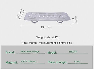 Уличные ланч-боксы Титановый измерительный оловянный тензодатчик Чаша для кемпинга Квадратная сковорода Однослойная легкая посуда Bento с ручкой против ожогов Мини-стойка для пароварки (S Ti6026P - (Д) 135 * (Ш) 65 * (В) 12,5 мм)