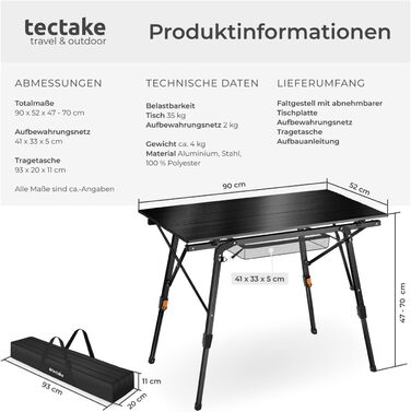 Складной алюминиевый стол для кемпинга 90 x 52 см tectake