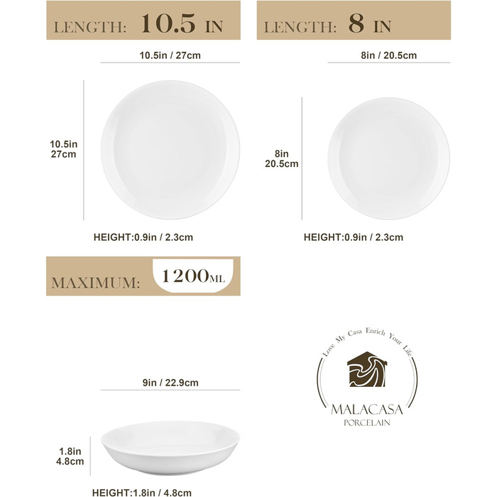 Серія Amelia, порцеляновий набір посуду на 6 персон, порцеляновий столовий сервіз, білий комбінований сервіз преміум-класу, з 6 обідніми тарілками, 6 тарілками для тортів, 6 глибокими тарілками та 6 мисками кожна. Набір посуду на 6 (18, білий)