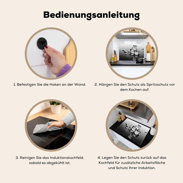 Фартух для плити, кухонний фартух, вініл, 78x52 см, декор для кухні, облицювання стіни, кришка для плити - сіро-чорна (Лід - Вода, 52Д x 80Ш см)