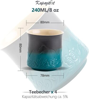 Набір японських чашок ZENS з 4-х, 240 мл естетичні рельєфні японські чашки для чаю матчу, китайська чашка без ручки, японська чашка традиційна, подарунки для любителів чаю, темно-синій (02-темно-зелений)