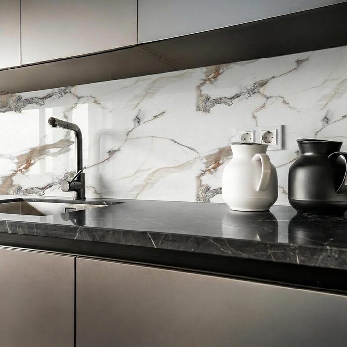 Стінові панелі IZODEKOR під мармур 60x120 см Фартух для кухні ПВХ-облицювання стін для кухні, ванної кімнати Бризкозахисний екран для кухні Водонепроникний та термостійкий (4 панелі, Едемський сад)