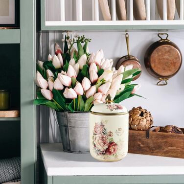 Порцелянова банка для печива Fanquare, Ø 19 см, банка для зберігання з вінтажним квітковим візерунком та кришкою, банка для печива та солодощів, золота