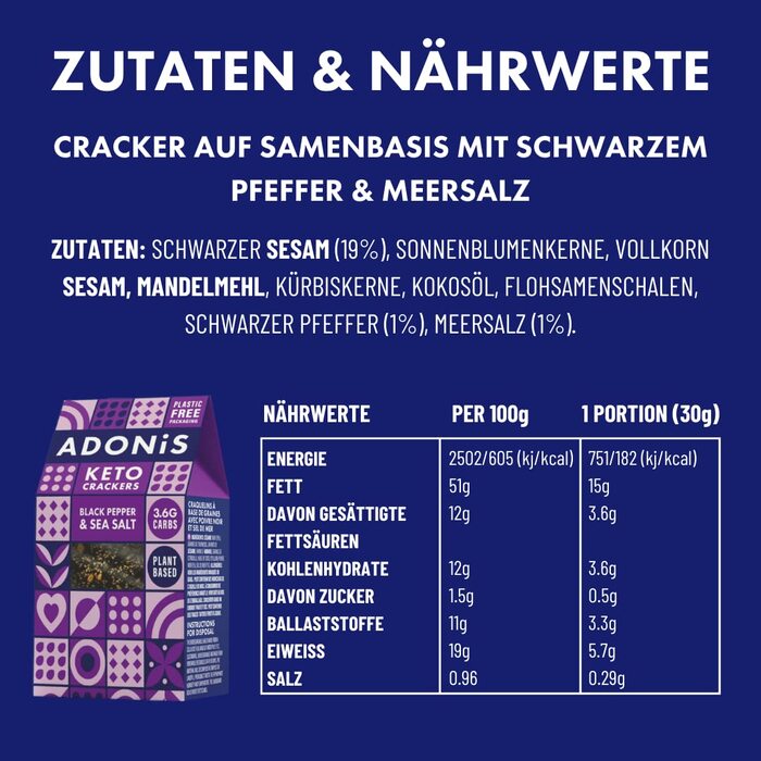 Кето крекеры с черным перцем и морской солью, 10 упаковок по 60 г Adonis