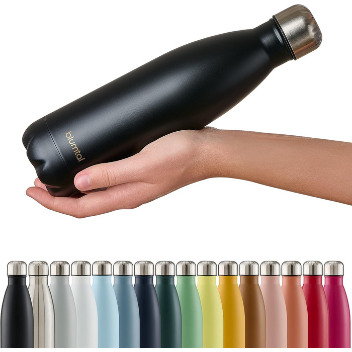 Пляшка для води Blumtal з нержавіючої сталі - Герметична ізольована пляшка - Пляшка для води без бісфенолу А для гарячих та холодних напоїв - Двостінна ізольована пляшка - Ізоляційна пляшка, стійка до іржі, дерево/срібло (07 - Чорна, 750 мл)