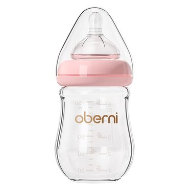 Скляні дитячі пляшечки Oberni з силіконовою соскою, розмір 1, пляшечка з широким горлом для молока, дитяча пляшечка з антиколіковим клапаном для новонароджених від 0 місяців, 150 мл, сині, (рожевий/)