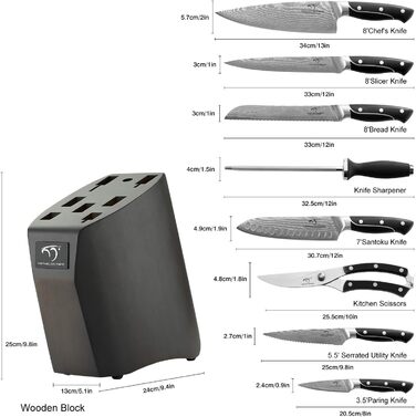 Набір кухонних ножів Damast 9er з блоком для ножів з бука, професійні кухарські ножі, набір кухонних ножів VG10 з гострими лезами (дуб)