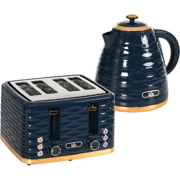 Набір для сніданку HOMCOM Kettle Toaster Set з чайником 1,7 л, тостером на 4 скибочки, 2200 Вт, 7 рівнів підрум&39янення, розморожуванням, розігріванням та піддоном для крихт, термостатом Otter, кремово-білим (синім)