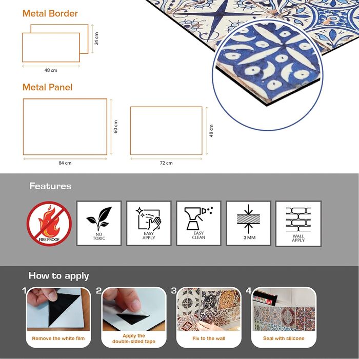 Алюмінієвий кухонний фартух, виготовлений в Італії, захищає плиту та стіну, миється та легко встановлюється, металевий фартух, 48 x 72 см (48x72, білий мармур)