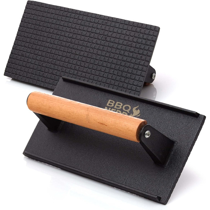 Чавунний прес для м'яса 21 x 11 см з дерев'яною ручкою, квадратний BBQ Nerd