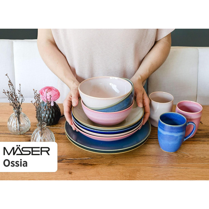 Набір посуду MSER 931545 Ossia на 4 персони в середземноморському вінтажному стилі, комбінований сервіз з 16 предметів з кераміки (антрацитовий синій)