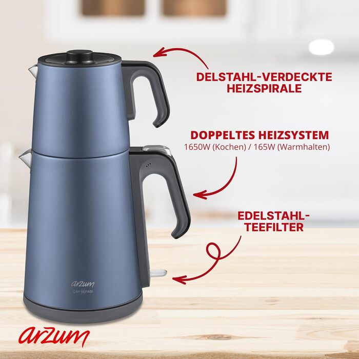 Електричний турецький чайник, 2200 Вт, чайник 3,5 л, скляний чайник 1,2 л, нержавіюча сталь, інтелектуальний контроль температури, захист від кипіння (39 см x 25 см x 20 см, колір Ocean Blue)