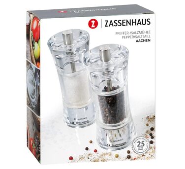 Набір млинів для перцю та солі Zassenhaus AACHEN, для самонаповнення, Ø 5,8 см В 14 см, акриловий контейнер, керамічна кавомолка, млин для спецій, також для інших спецій