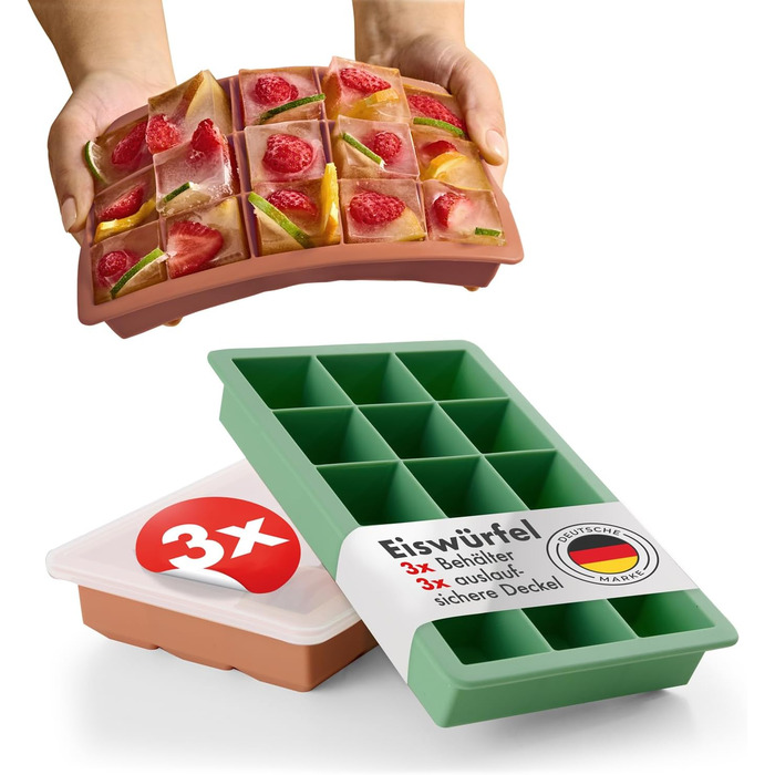 Силиконовые формочки для льда на 15 кубика XL с крышкой, набор 3 предмета, зеленый/красный Blumtal