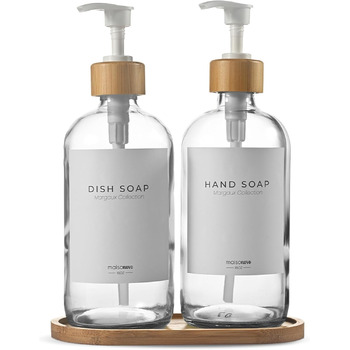 Диспенсер для мила 500 мл, набір 2 предмети на бамбуковій підставці, прозоре скло MaisoNovo