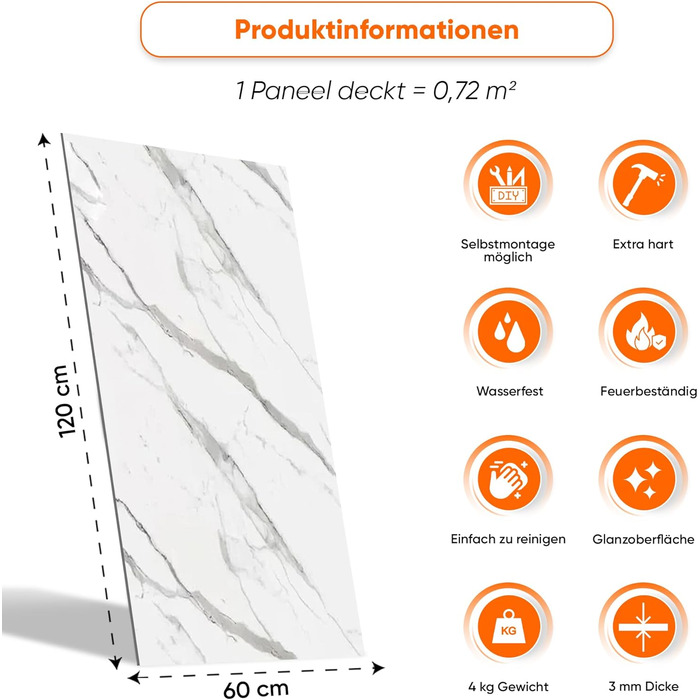 Стінові панелі IZODEKOR під мармур 60x120 см Панель для кухонного фартуха ПВХ-облицювання стін для кухні, ванної кімнати Бризкозахисний екран для кухні Водонепроникний та термостійкий ( панель, новий колір Ice Berg Grey)