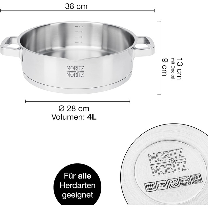 Сервірувальна сковорода з нержавіючої сталі Moritz & Moritz з кришкою 28 см - Підходить для всіх типів плит - Масштаб до 4 л - Вбудоване сито в кришці - Індукційна каструля для смаження, тушкування та подачі Ø 28 см