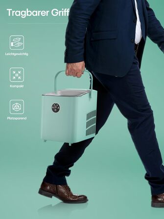 Льодогенератор FOHERE 14 кг 24 години, 8 кубиків льоду за 6 хвилин, 2 розміри кубиків льоду, самоочисний льодогенератор з ручкою, льодосборником та кошиком, льодогенератор для вечірки, офісу, автофургона (м&39ятно-зелений)