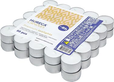 Свічки Horeca - Чайні свічки, час горіння 8 годин - Білі - Штука - Алюмінієва кришка - Свічки для святкувань, декору, весіль, гастрономії, вечірок - Без аромату - Преміум якість (50)