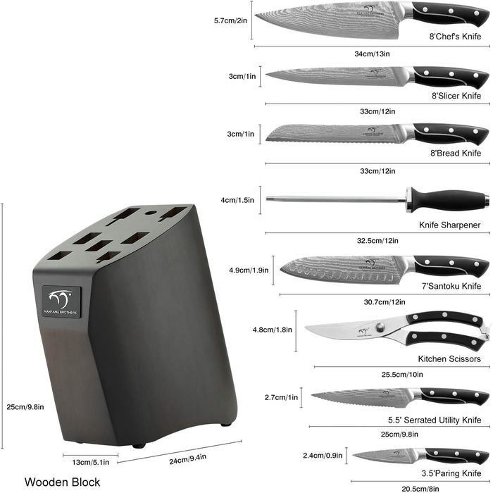 Набір кухонних ножів Damast 9er з блоком для ножів з бука, професійні кухарські ножі, набір кухонних ножів VG10 з гострими лезами (дуб)