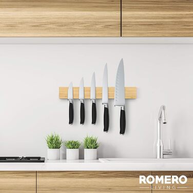 Ніж Romero Living з магнітною смужкою чорний 40см в т.ч. якісний скотч - самоклеючий тримач для ножів з - ножова планка магнітна для монтажу без свердління (Бамбук)