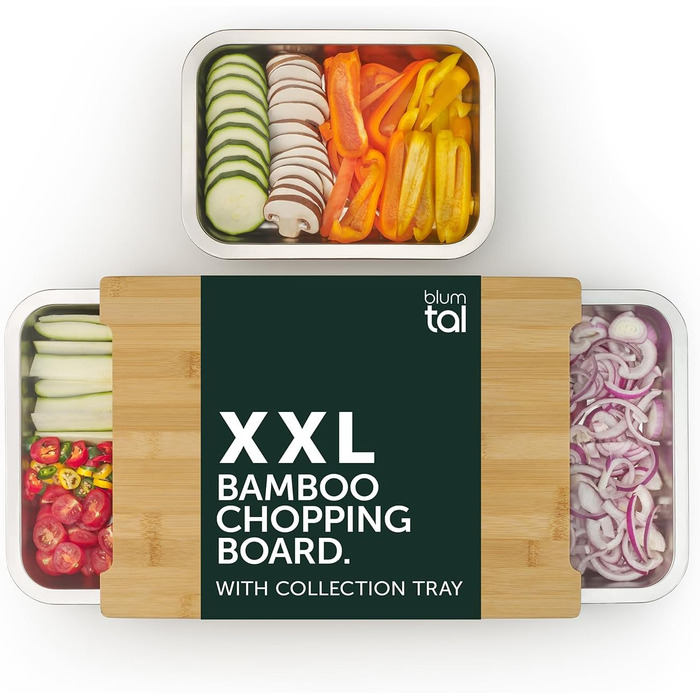Бамбукова обробна дошка 40 x 28,5 см з 3 лотками для збору з нержавіючої сталі Blumtal
