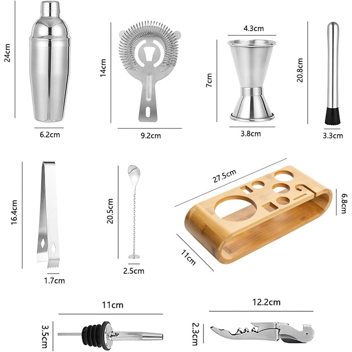 Набір бармена з бамбуковою підставкою 9 предметів Generic