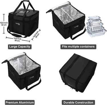 Ізольована харчова сумка, 38 x 38 x 32 см, ідеально підходить для гарячих та холодних страв, піци, ресторанів, доставки додому, індійської/китайської їжі, пікніків, термосумка, чорна
