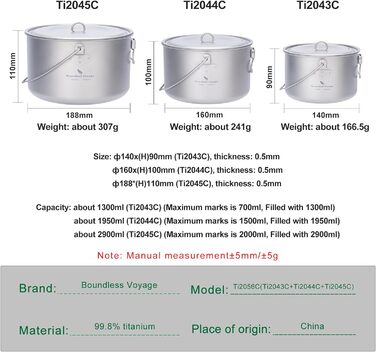 Титановый горшок 1,3 л / 1,95 л / 2,9 л Кемпинг Подвесной горшок Суп Горшок с крышкой Наружная посуда Легкая чаша чайника Походная кухонная утварь Портативная посуда Набор для приготовления пищи на 1-4 персоны (Ti2056c 1300 мл 1950 мл 2900 мл набор кастрю