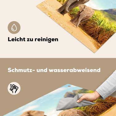 Фартух для плити, кухонний фартух, вініл, 78x52 см, декор для кухні, облицювання стіни, кришка для плити - сіро-чорна (слони - тварини, 52Д x 60Ш см)