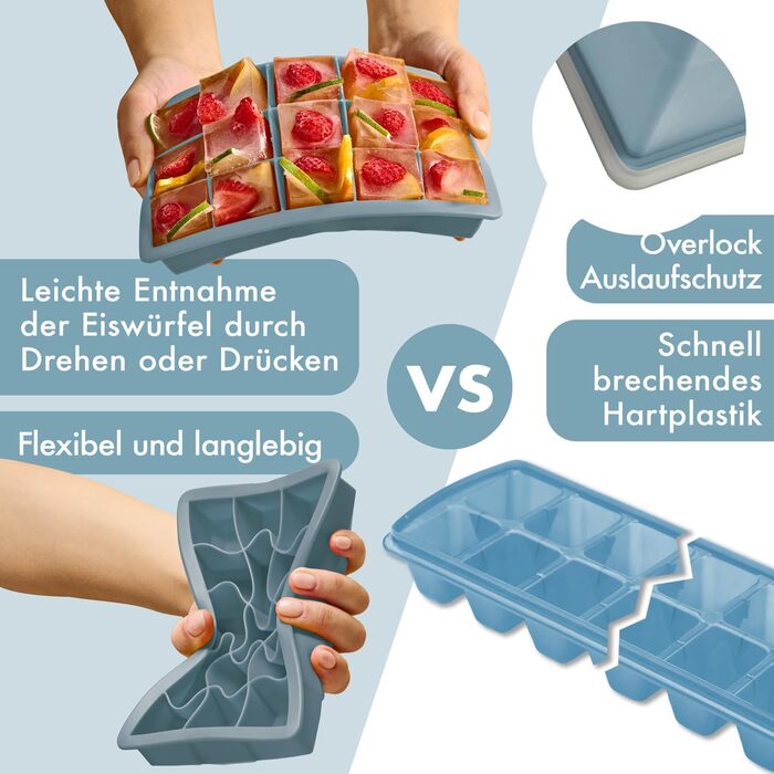 Силіконові формочки для льоду Blumtal, набір з 3 шт. - форма для льоду на 24 кубики з кришкою - силіконова форма для льоду без бісфенолу А - форма для льоду, безпечна для харчових продуктів - сіро-блакитний великі кубики (сіро-блакитний світло-блакитний, 
