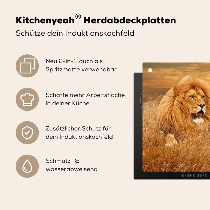 Фартух для плити, кухонний фартух, вініл, 78x52 см, декор для кухні, облицювання стіни, кришка для плити - сіро-чорна (Лев - Захід сонця, 51Д x 59Ш см)