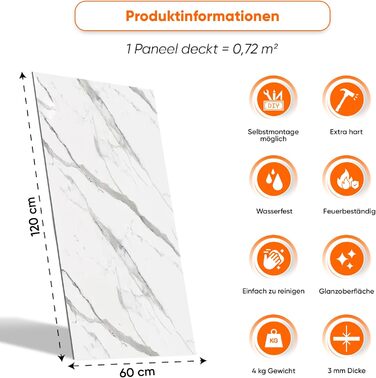 Стінові панелі IZODEKOR під мармур 60x120 см Панель для кухонного фартуха ПВХ-облицювання стін для кухні, ванної кімнати Бризкозахисний екран для кухні Водонепроникний та термостійкий ( панель, новий колір Ice Berg Grey)