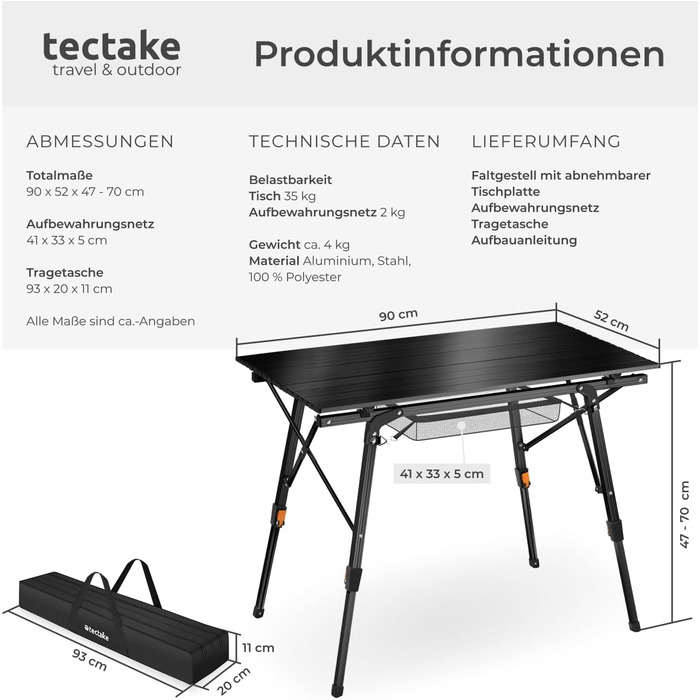 Складной алюминиевый стол для кемпинга 90 x 52 см tectake