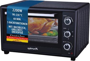 Міні-піч OptimumX 20 л, мала міні-піч з конвекцією, таймер 60 хв, піч для піци, 1380 Вт, чорна (60 літрів)
